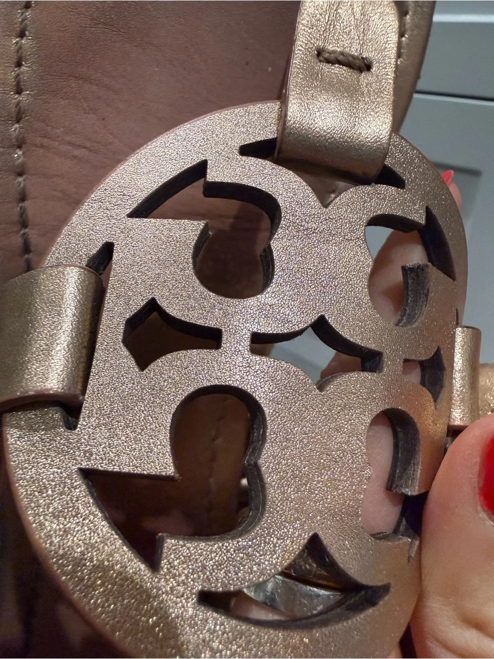 Tory Burch Metallic Rose Gold Logo Thong Sandals